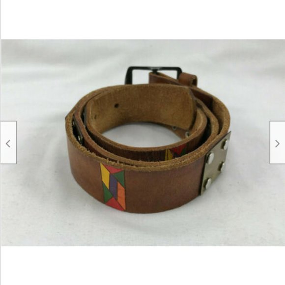 Leather Belt w/ Brass Plate Accent & Painted Design Ladies Small 35" - Picture 7 of 8